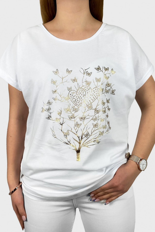 T-shirt damski w kolorze białym złoty print drzewko motylki