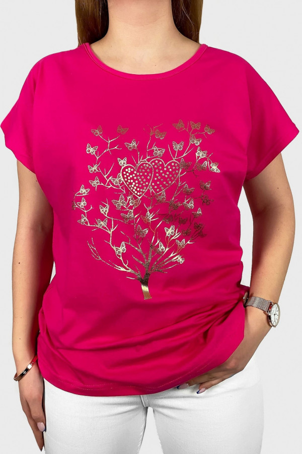 T-shirt damski w kolorze fuksji złoty print drzewko motylki
