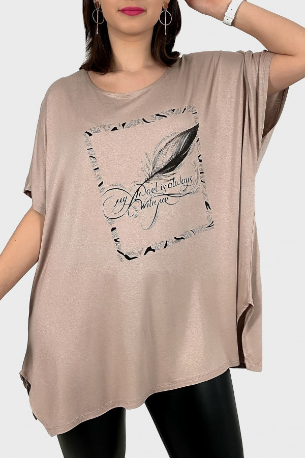 Tunika plus size luźna bluzka z wiskozy w kolorze beżowym piórko picture 2