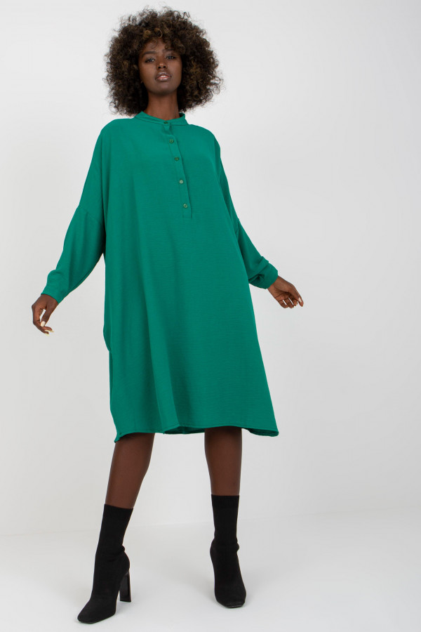 Luźna koszula sukienka w kolorze butelkowej zieleni dekolt guziki Vicky 3