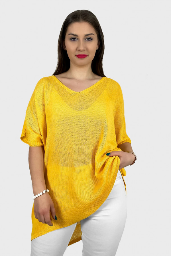 Sweter damski oversize w kolorze złoto żółtym z dłuższym tyłem Melisa 1