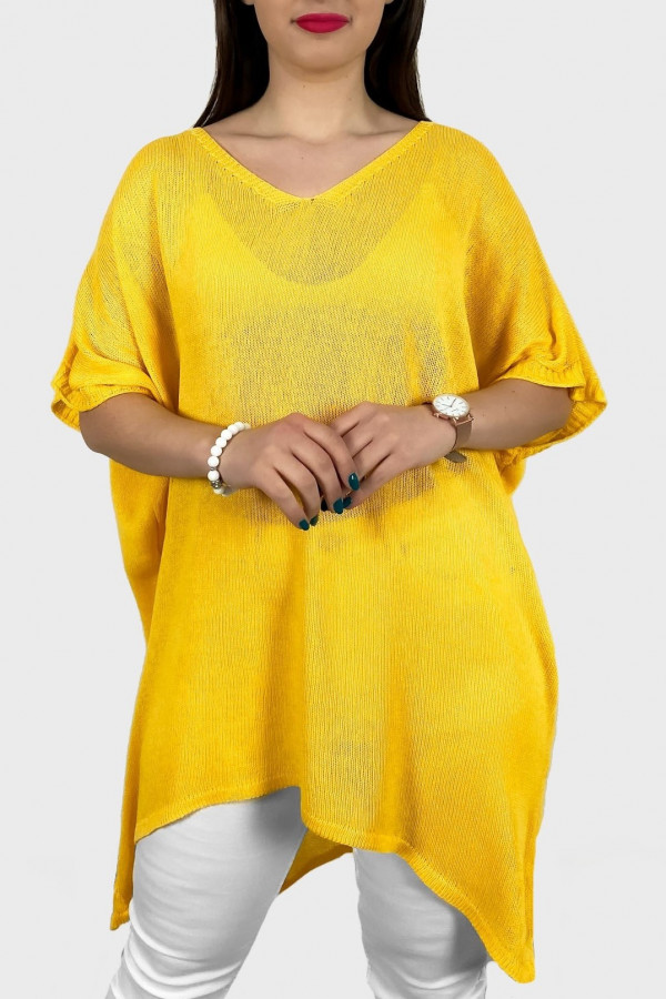 Sweter damski oversize w kolorze złoto żółtym z dłuższym tyłem Melisa