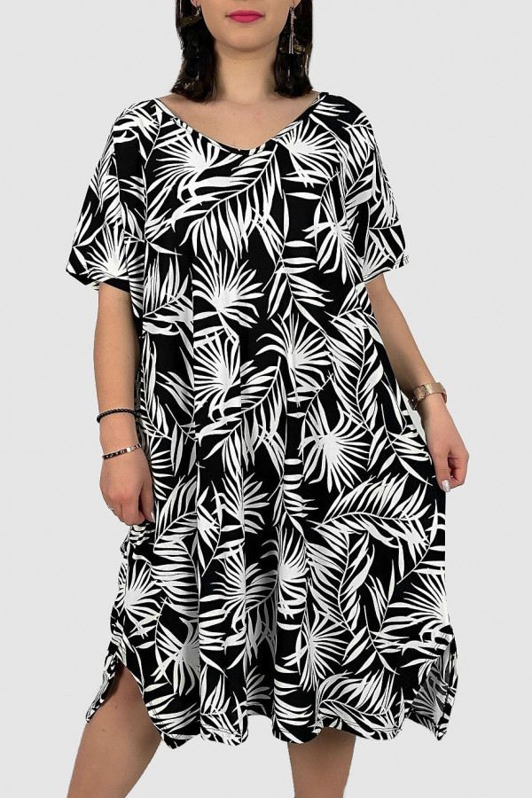 Sukienka plus size dekolt w serek rozcięcia wzór liście palmy Morena