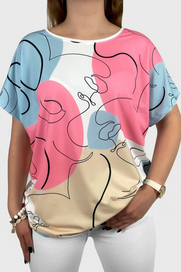 Bluzka damska plus size nietoperz multikolor z nadrukiem line art pastele