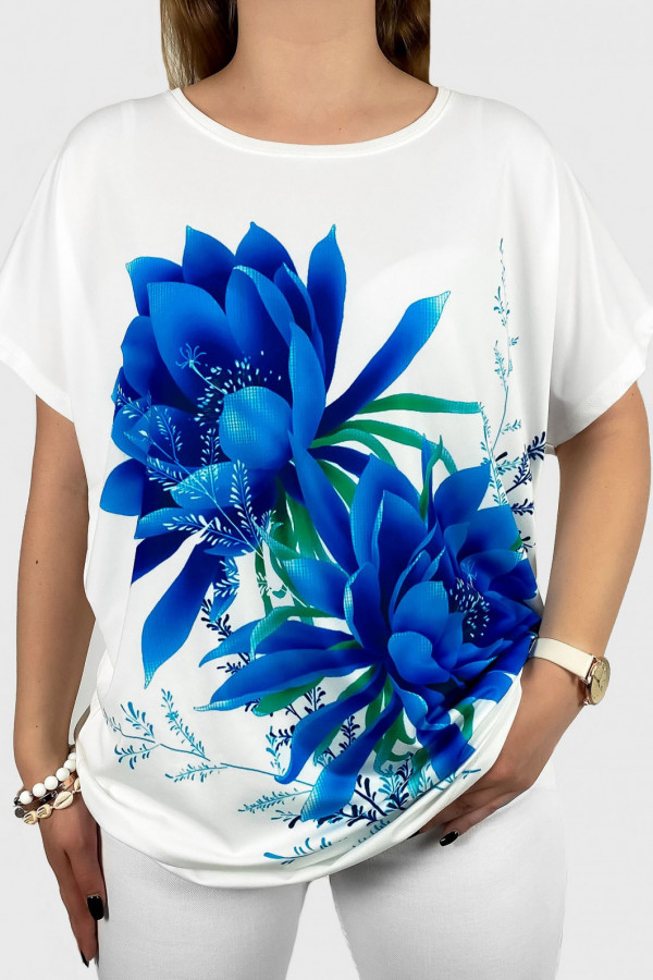 Bluzka damska plus size nietoperz multikolor z nadrukiem niebieski kwiat