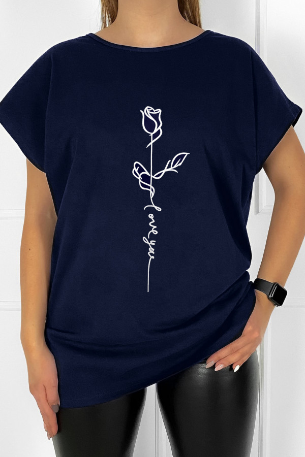 T-shirt damski plus size w kolorze granatowym line art róża rose