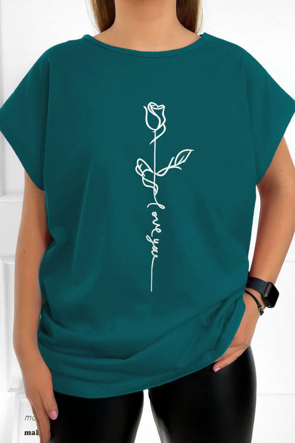 T-shirt damski plus size w kolorze morskim line art róża rose