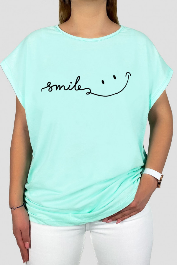 T-shirt plus size koszulka w kolorze miętowym napis smile :)
