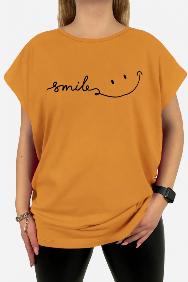 T-shirt plus size koszulka w kolorze musztardowym napis smile :)