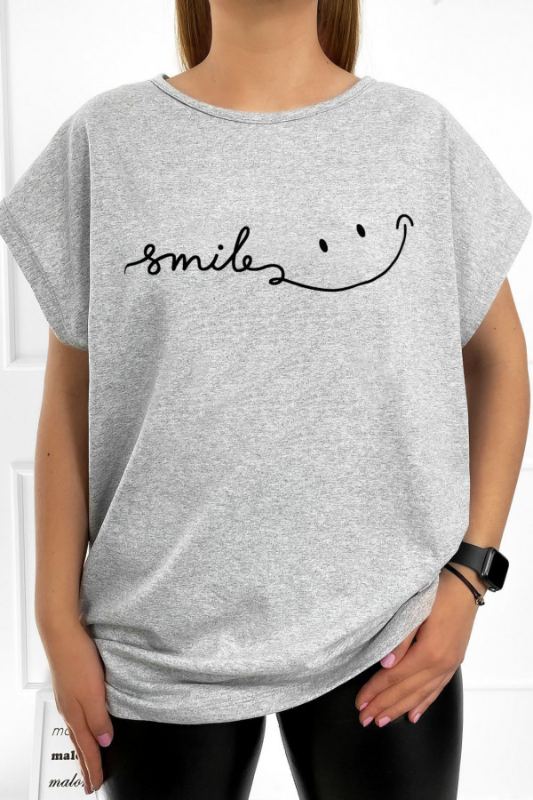 T-shirt plus size koszulka w kolorze szarym napis smile :)