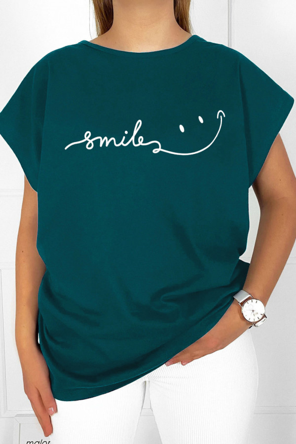 T-shirt plus size koszulka w kolorze morskim napis smile :)
