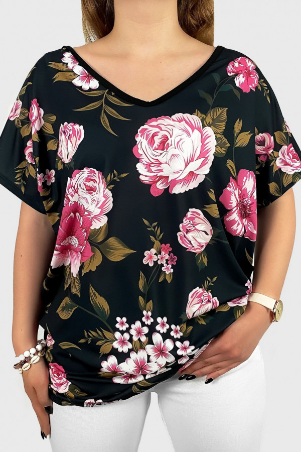 Bluzka damska plus size nietoperz dekolt w serek multikolor kwiaty róże