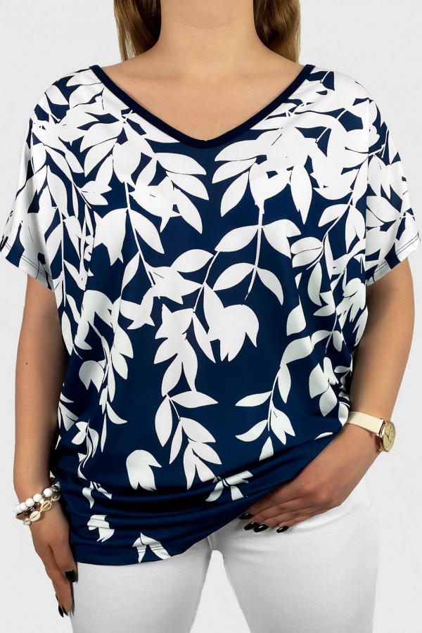 Bluzka damska plus size nietoperz dekolt w serek multikolor granat liście