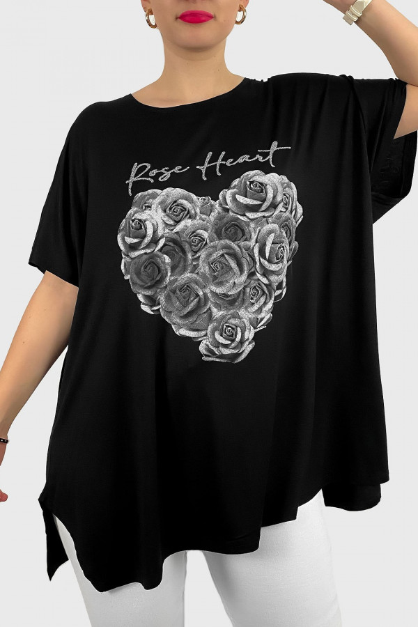 Tunika plus size luźna bluzka z wiskozy w kolorze czarnym róże rose heart