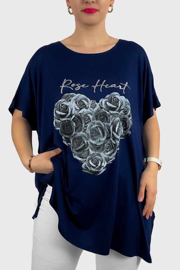 Tunika plus size luźna bluzka z wiskozy w kolorze granatowym róże rose heart