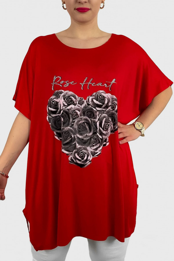 Tunika plus size luźna bluzka z wiskozy w kolorze czerwonym róże rose heart
