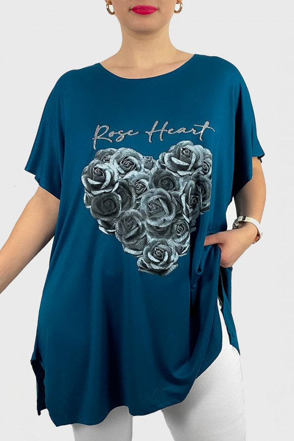 Tunika plus size luźna bluzka z wiskozy w kolorze morskim róże rose heart