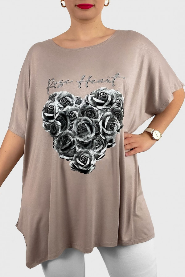 Tunika plus size luźna bluzka z wiskozy w kolorze beżowym róże rose heart