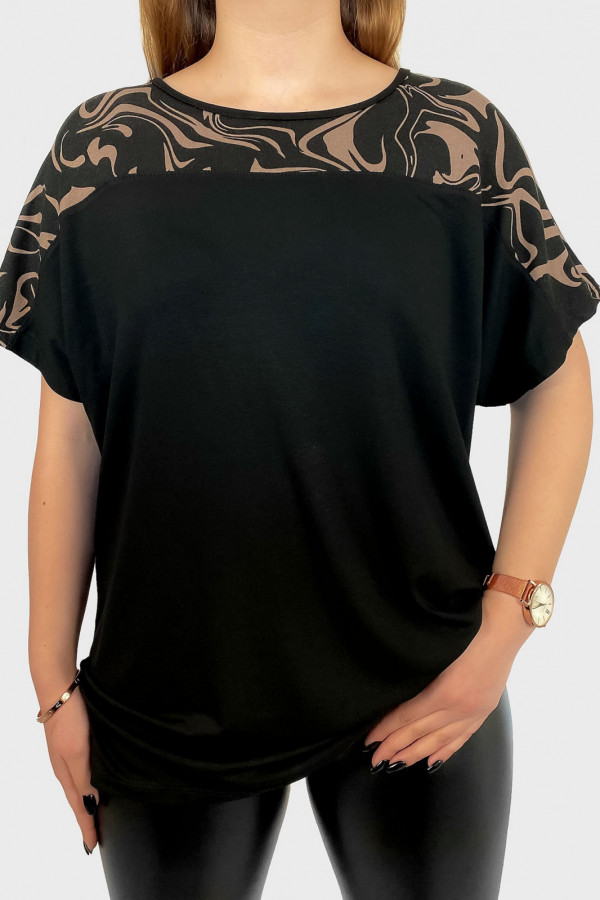Bluzka damska plus size z wiskozy w kolorze czarnym dekolt beżowy wzór