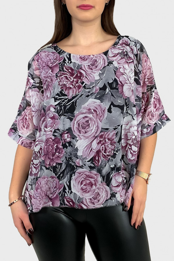 Elegancka zwiewna bluzka szyfon wzór róże kwiaty