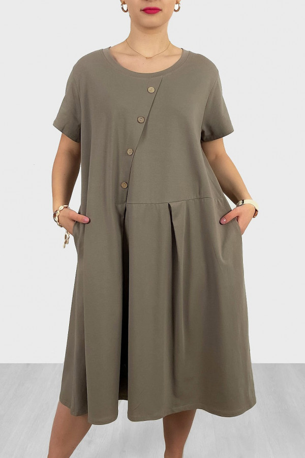Bawełniana sukienka plus size w kolorze beżu fango kieszenie guziki Kama