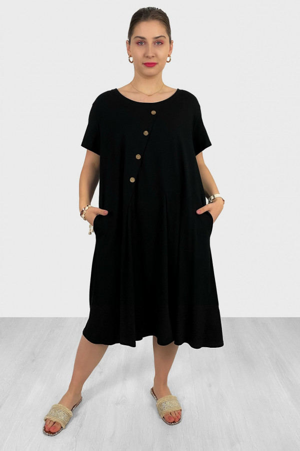 Bawełniana sukienka plus size w kolorze czarnym kieszenie guziki Kama 1
