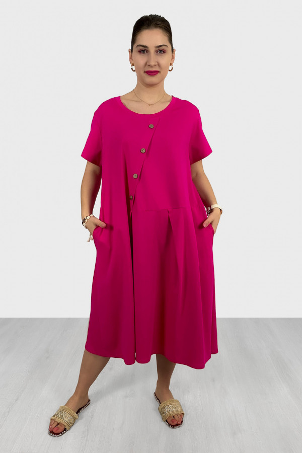 Bawełniana sukienka plus size w kolorze fuksji kieszenie guziki Kama 1