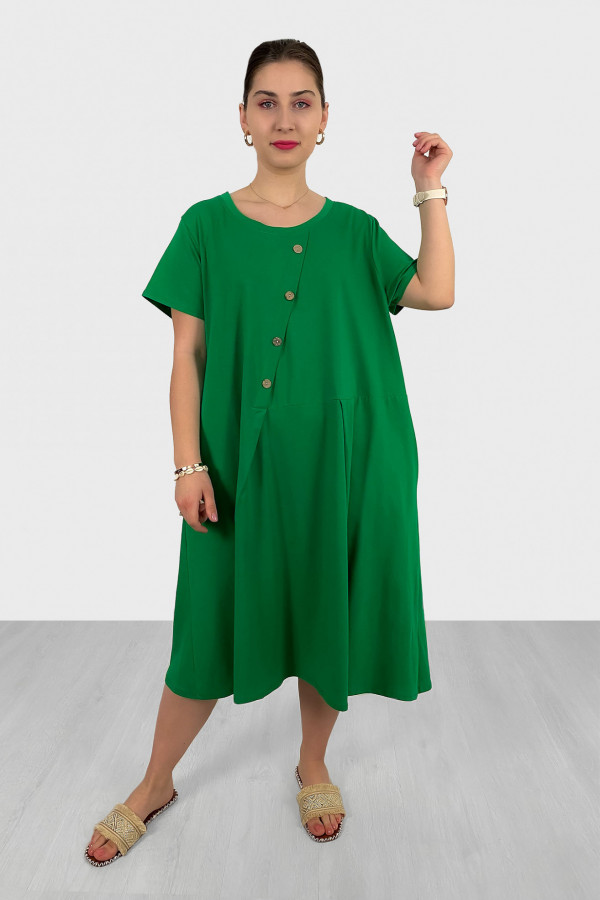 Bawełniana sukienka plus size w kolorze zielonym kieszenie guziki Kama 1