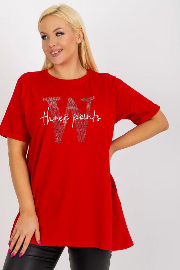 Tunika long bluzka plus size w kolorze czerwonym z kieszeniami print dżety 3