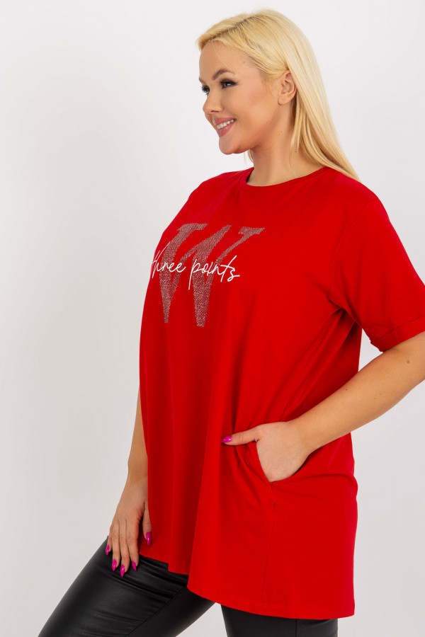 Tunika long bluzka plus size w kolorze czerwonym z kieszeniami print dżety 2