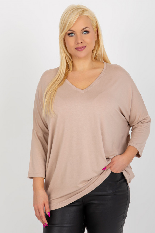 Bluzka damska plus size w kolorze beżowym oversize w serek Alita 3