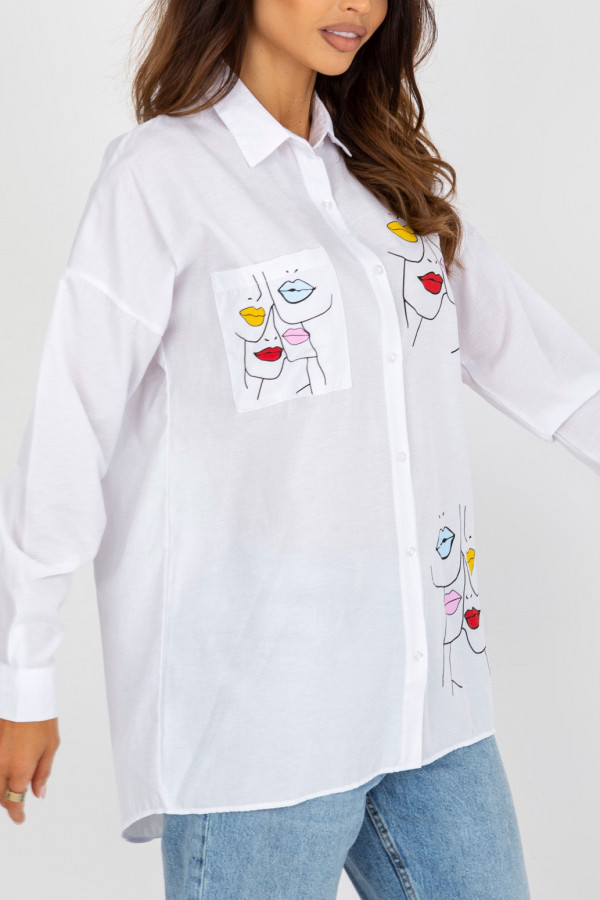 Koszula damska w kolorze białym print line art kieszeń