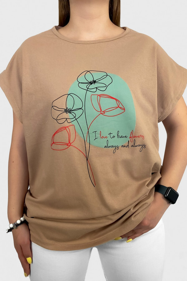 T-shirt damski plus size w kolorze latte line art kwiaty