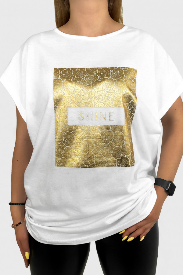 T-shirt damski plus size w kolorze białym złoty print shine