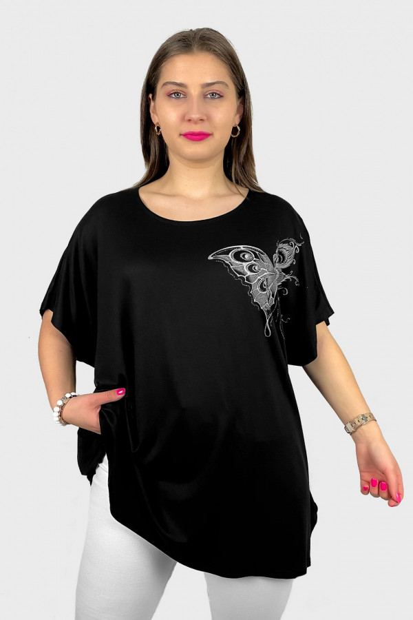 Tunika plus size luźna bluzka z wiskozy w kolorze czarnym motyl na boku 2