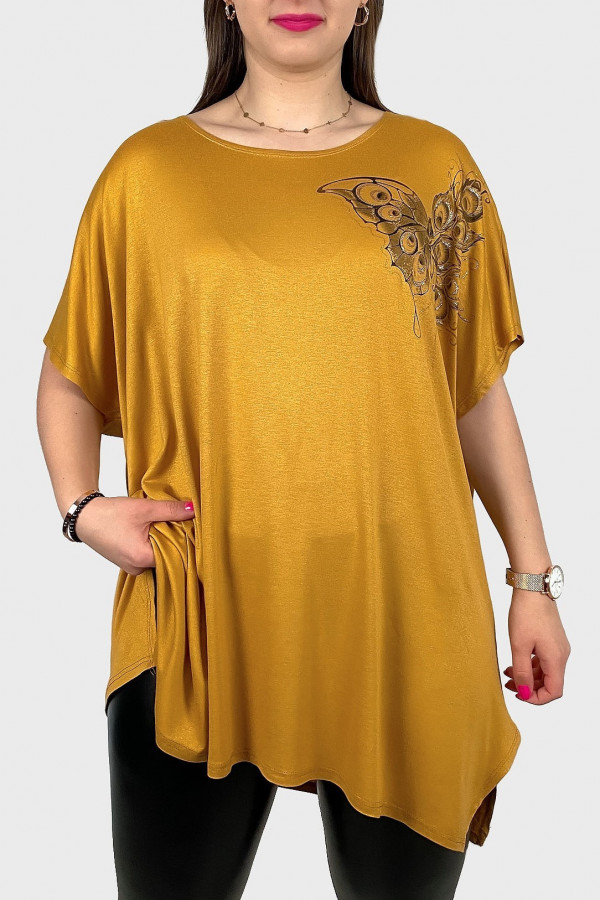 Tunika plus size luźna bluzka z wiskozy w kolorze musztardowym motyl na boku