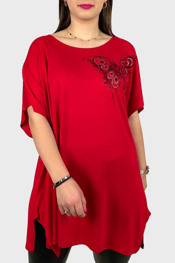Tunika plus size luźna bluzka z wiskozy w kolorze czerwonym motyl na boku