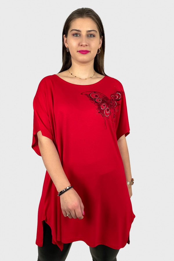 Tunika plus size luźna bluzka z wiskozy w kolorze czerwonym motyl na boku 1