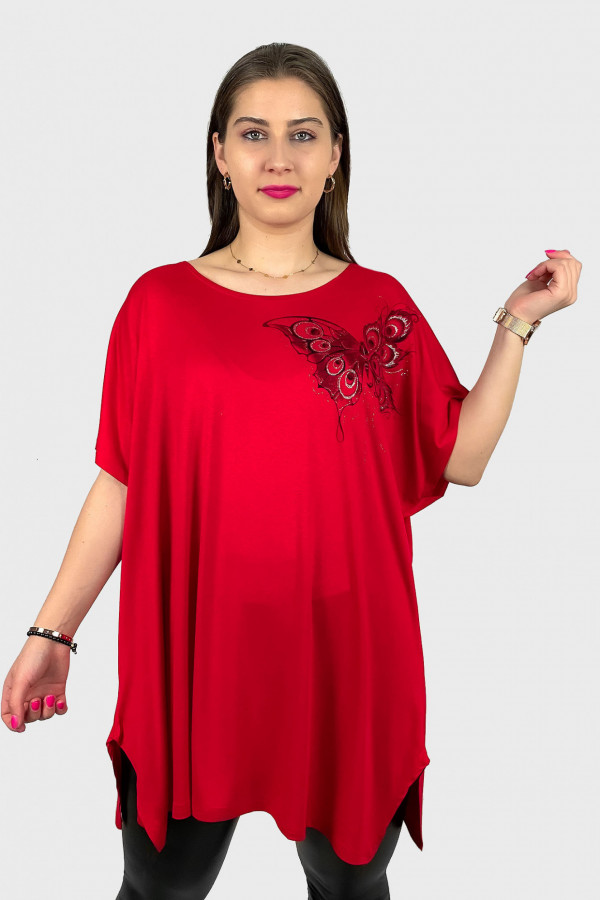 Tunika plus size luźna bluzka z wiskozy w kolorze czerwonym motyl na boku 2