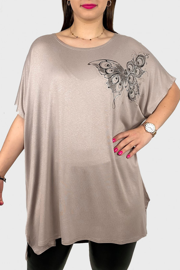 Tunika plus size luźna bluzka z wiskozy w kolorze beżowym motyl na boku