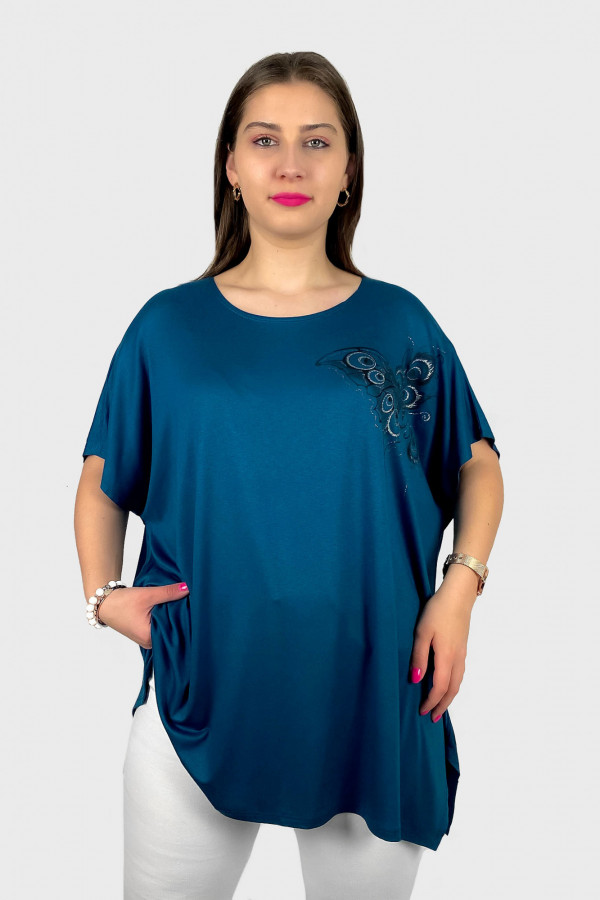 Tunika plus size luźna bluzka z wiskozy w kolorze morskim motyl na boku 2