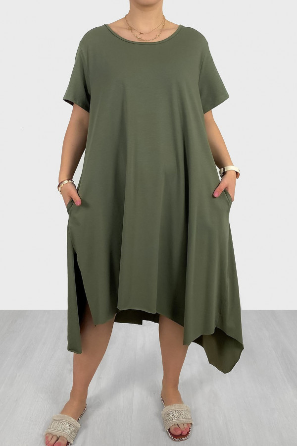 Asymetryczna sukienka plus size w kolorze khaki długie boki kieszenie Lissa