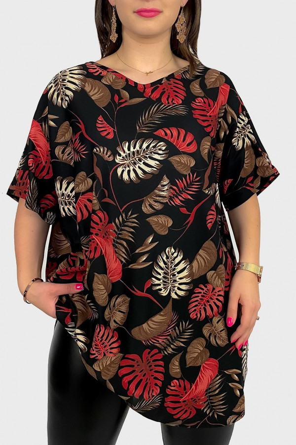Bluzka tunika plus size oversize wzór liście monstery red tropical Evita