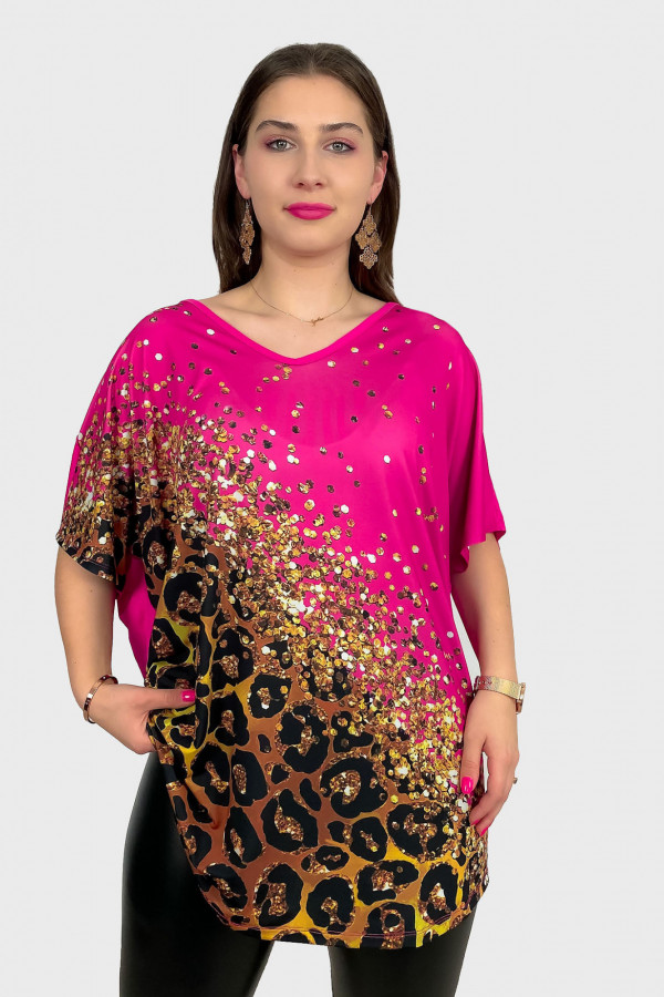 Tunika damska plus size dekolt w serek nietoperz multikolor wzór fuksja 1