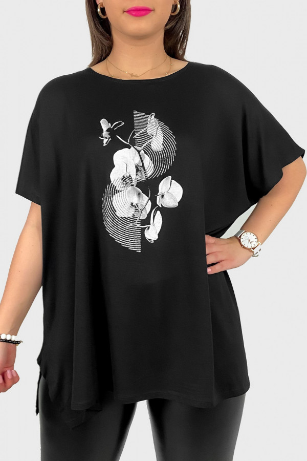 Tunika plus size luźna bluzka z wiskozy w kolorze czarnym kwiat art