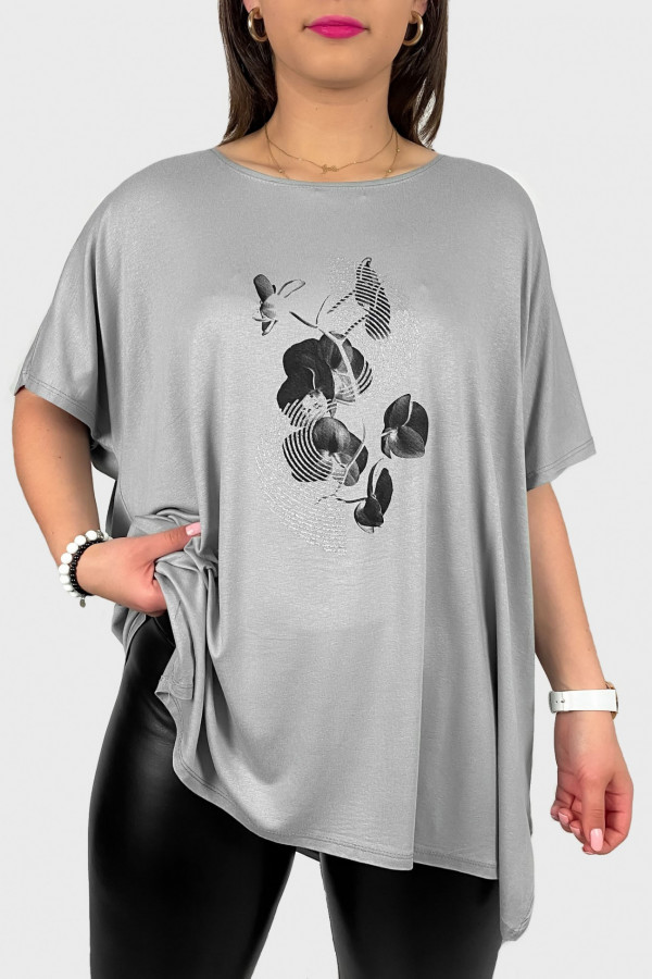 Tunika plus size luźna bluzka z wiskozy w kolorze szarym kwiat art 1