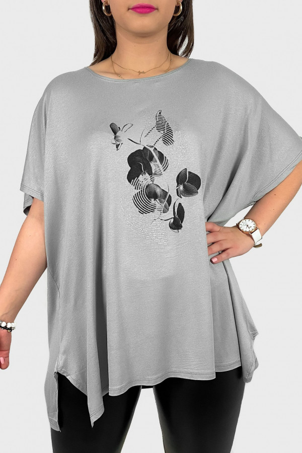 Tunika plus size luźna bluzka z wiskozy w kolorze szarym kwiat art 2