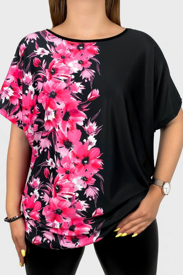 Bluzka damska plus size nietoperz multikolor z nadrukiem kwiaty fuksja