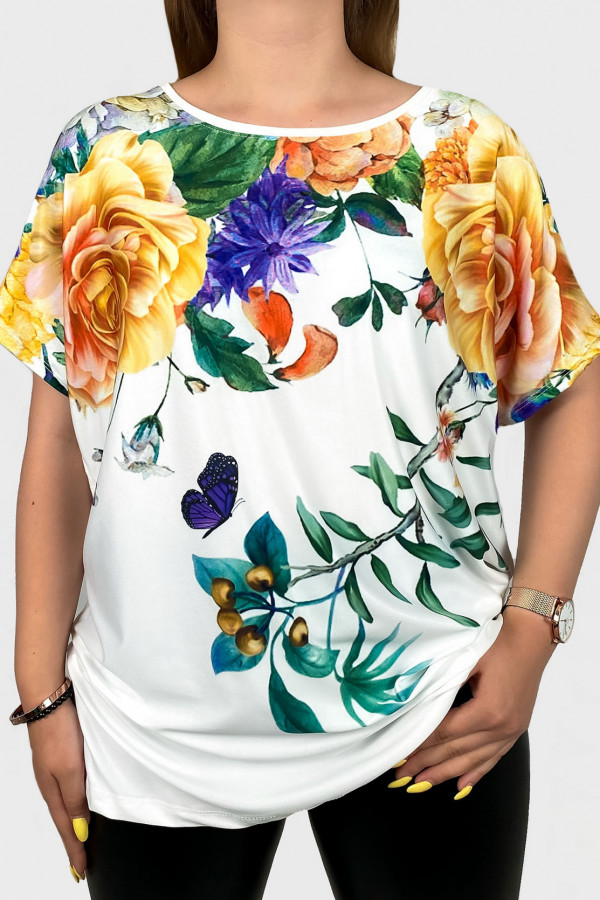 Bluzka damska plus size nietoperz multikolor z nadrukiem kwiaty