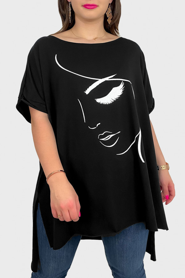 Bluzka damska oversize w kolorze czarnym dłuższy tył Woman line art
